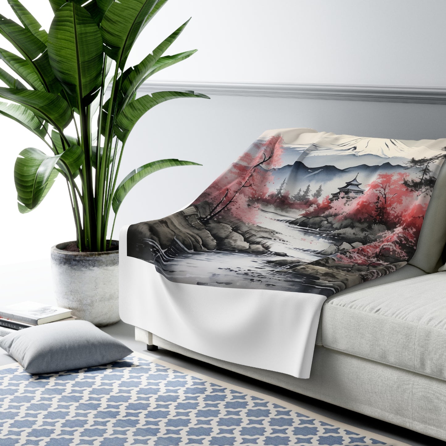 Sumi-e Mount Fuji Sherpa Fleece Blanket - Cozy Japanese Art Decor - Majestic Mountain Design