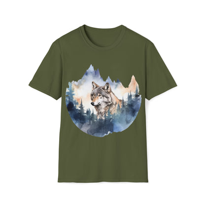 Watercolor Wolf in Mountain - Nature-inspired Apparel, Wolf-life Fashion