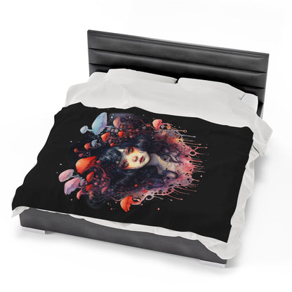 Dark Fae Mushrooms Watercolor Art Velveteen Plush Blanket - Enchanting Fantasy Home Decor