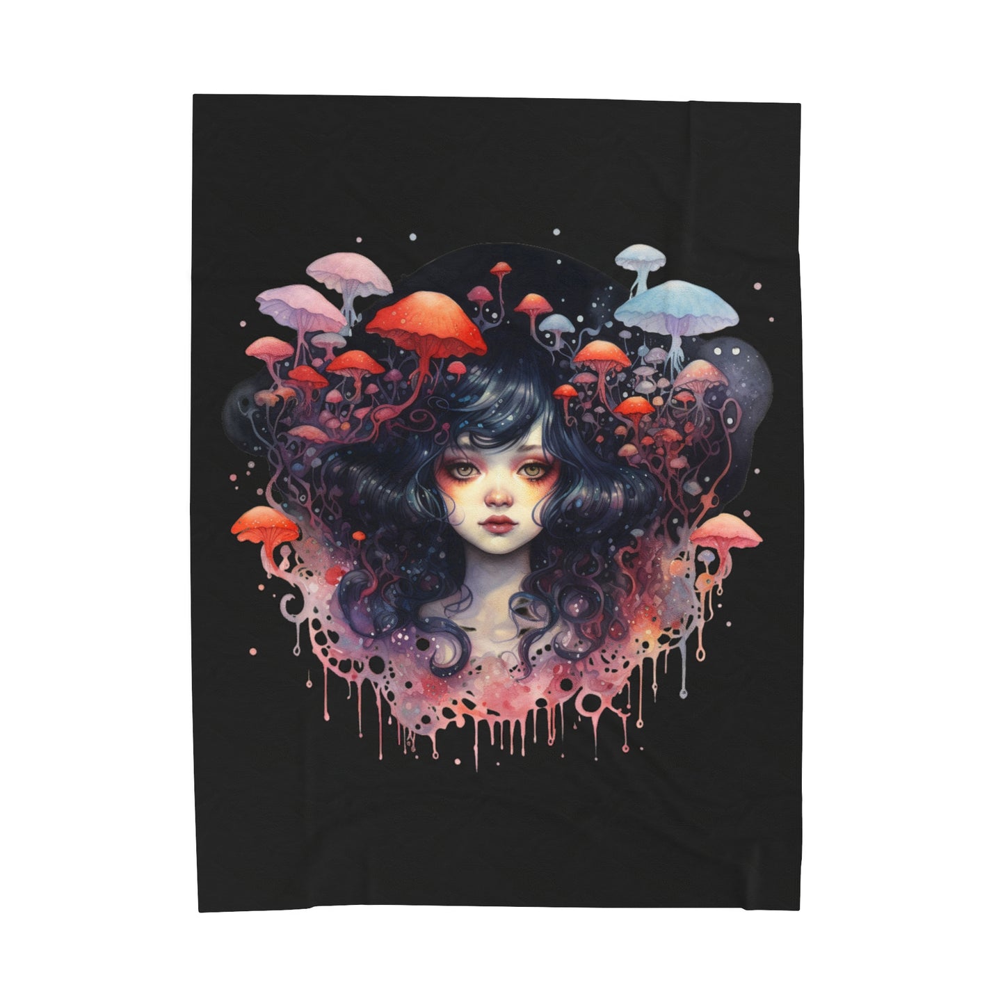 Dark Fae Mushrooms Watercolor Art Velveteen Plush Blanket - Enchanting Fantasy Home Decor