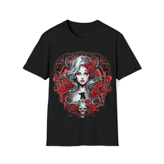 Mythical Fantasy Fairy Life Blood Scythe - Skulls, Roses, and Beautiful Woman - Enchanting Gothic T-Shirt, Gift for her, Witchy Gift.