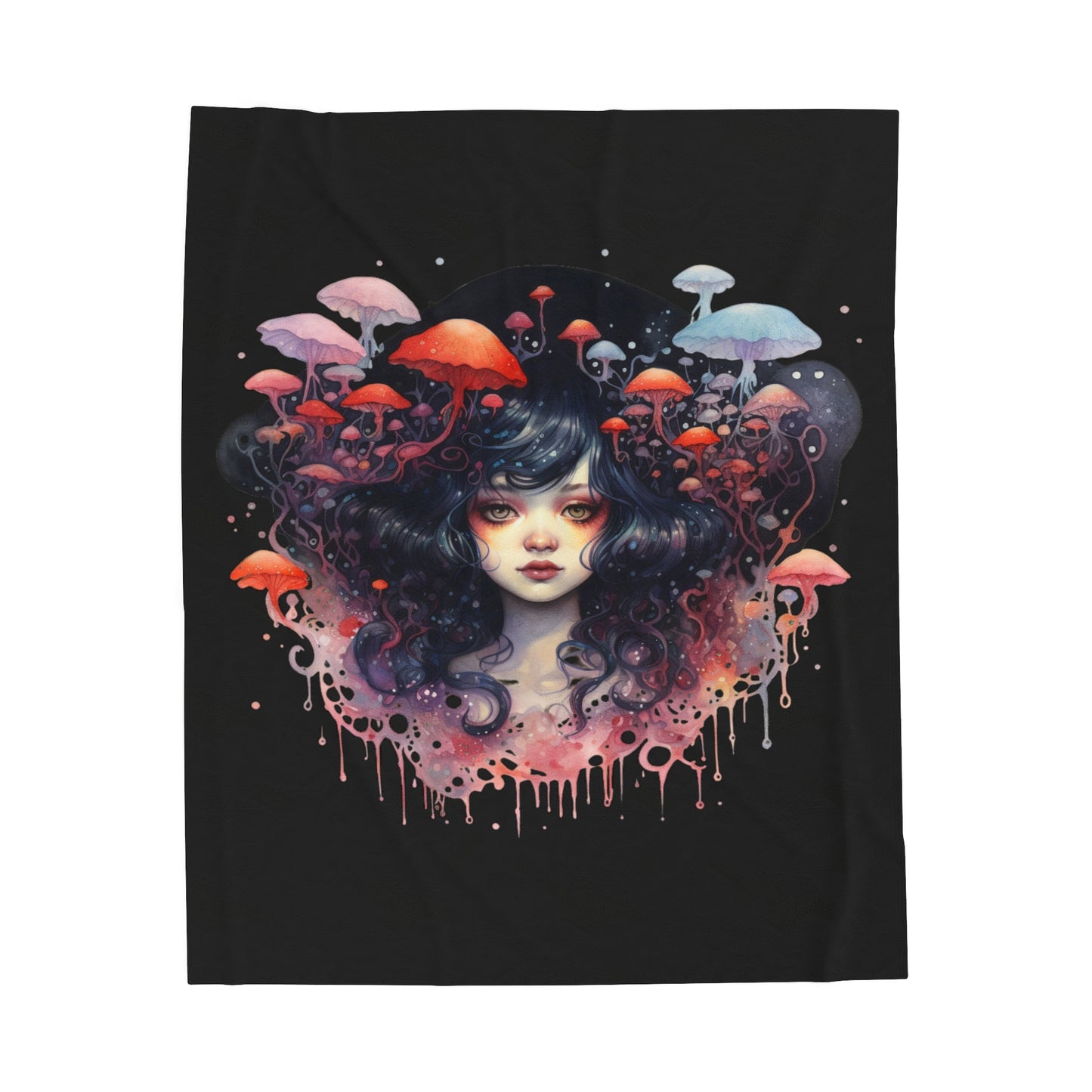 Dark Fae Mushrooms Watercolor Art Velveteen Plush Blanket - Enchanting Fantasy Home Decor