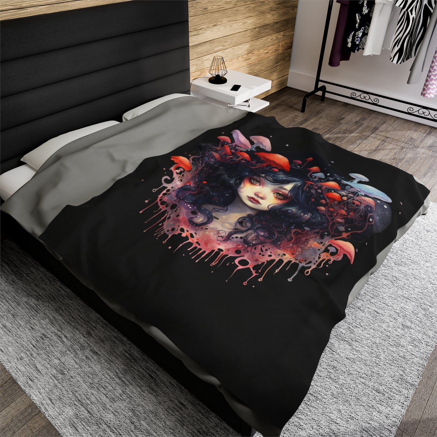 Dark Fae Mushrooms Watercolor Art Velveteen Plush Blanket - Enchanting Fantasy Home Decor