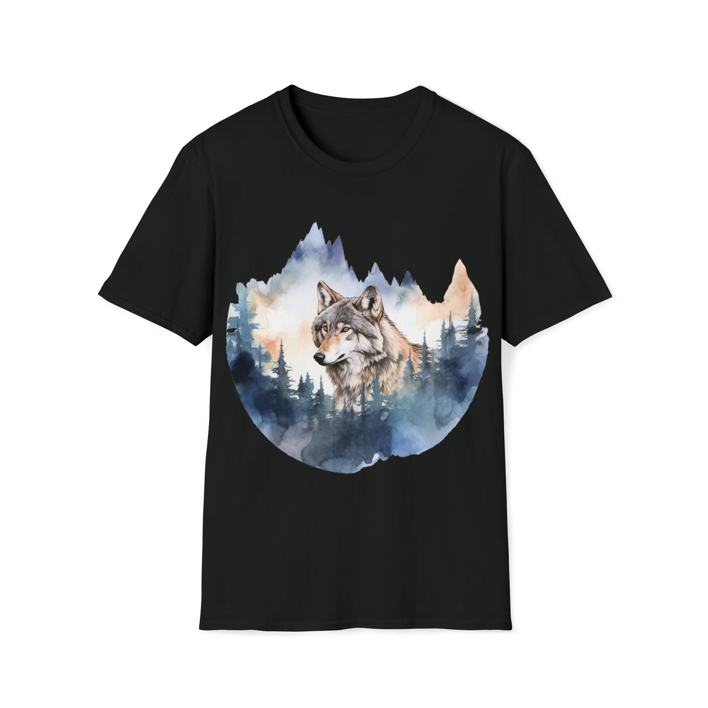 Watercolor Wolf in Mountain - Nature-inspired Apparel, Wolf-life Fashion