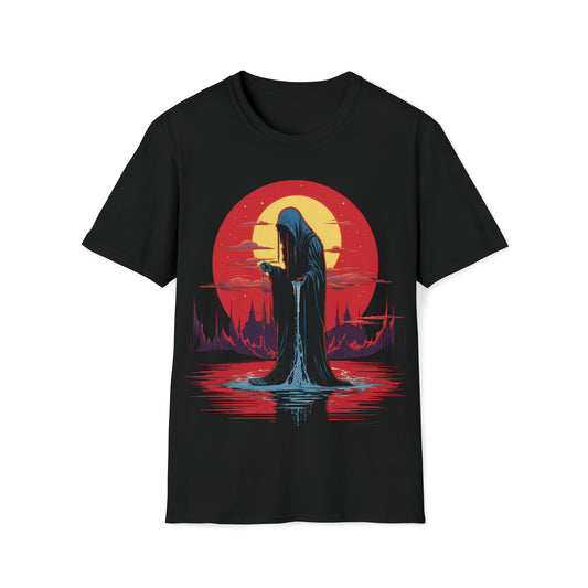 Halloween Reaper Red Sun Weeping on Pool of Black Water Tee Shirt - Eerie Fantasy Fashion