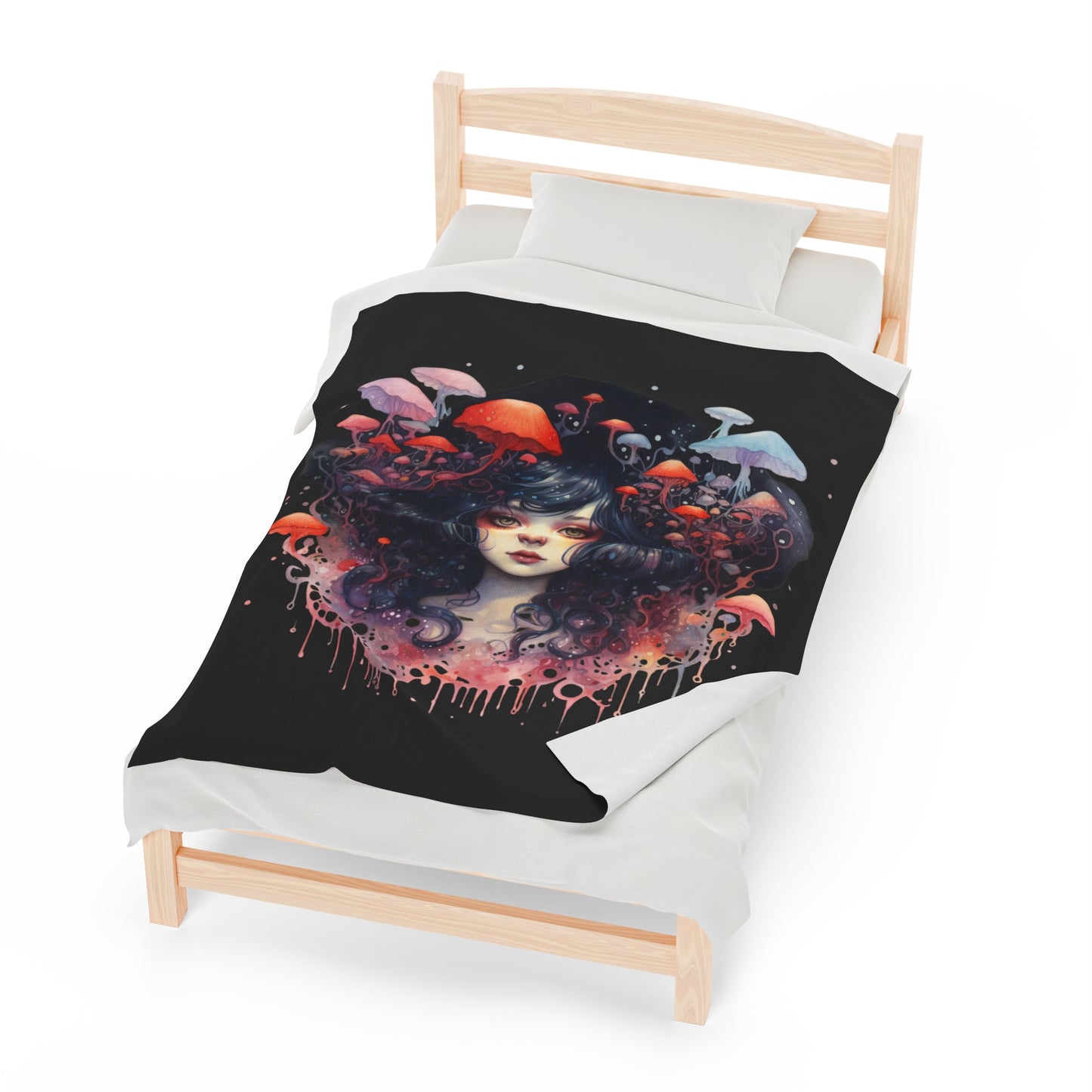 Dark Fae Mushrooms Watercolor Art Velveteen Plush Blanket - Enchanting Fantasy Home Decor