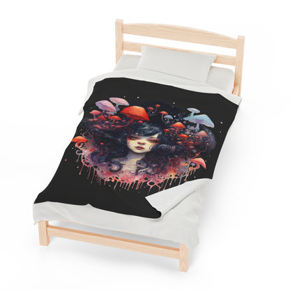 Dark Fae Mushrooms Watercolor Art Velveteen Plush Blanket - Enchanting Fantasy Home Decor