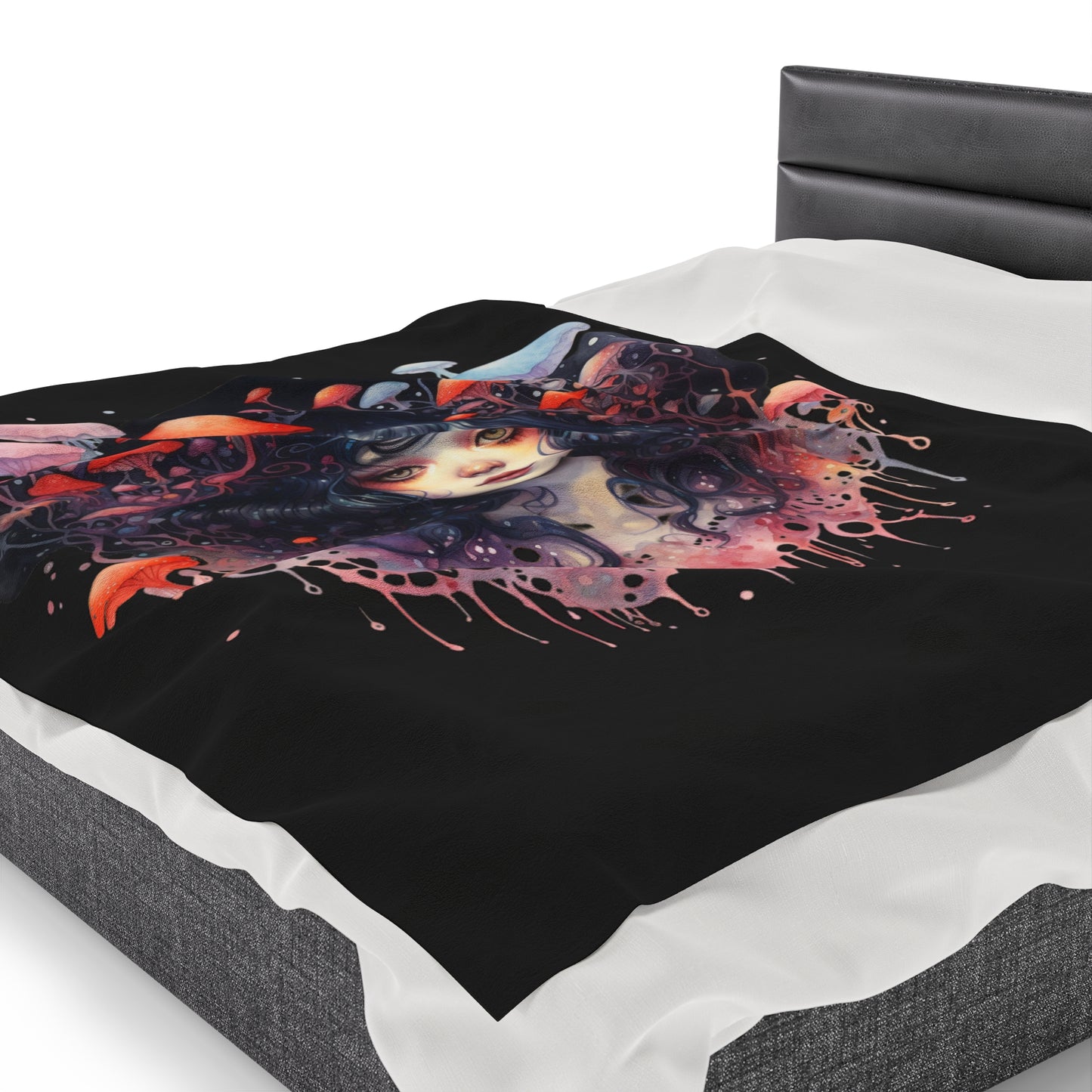 Dark Fae Mushrooms Watercolor Art Velveteen Plush Blanket - Enchanting Fantasy Home Decor