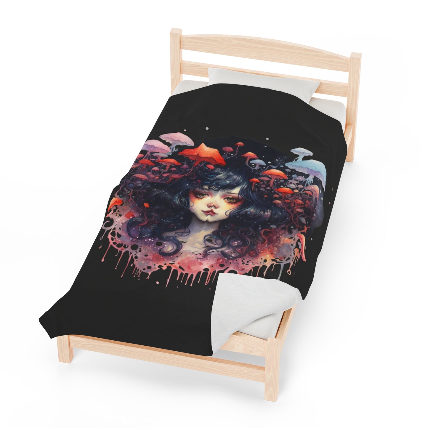 Dark Fae Mushrooms Watercolor Art Velveteen Plush Blanket - Enchanting Fantasy Home Decor