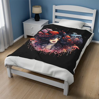 Dark Fae Mushrooms Watercolor Art Velveteen Plush Blanket - Enchanting Fantasy Home Decor