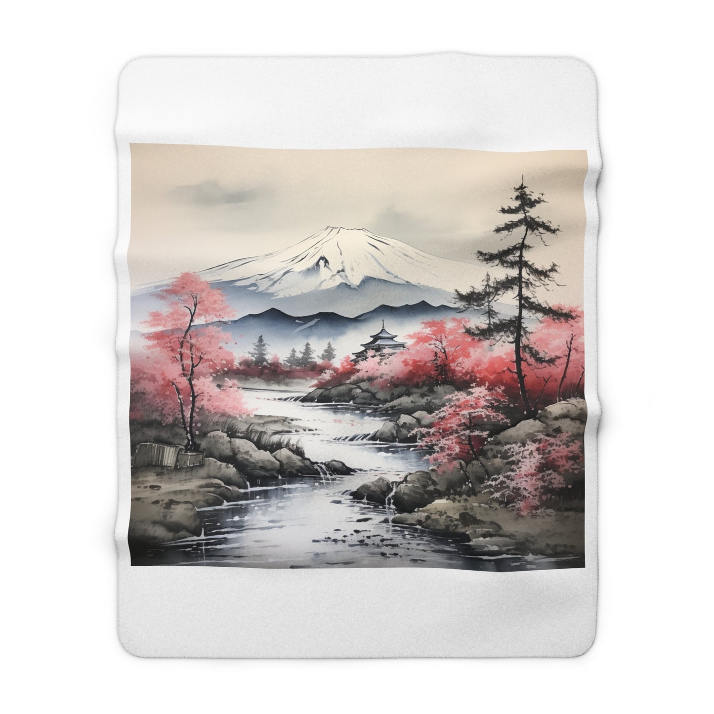 Sumi-e Mount Fuji Sherpa Fleece Blanket - Cozy Japanese Art Decor - Majestic Mountain Design