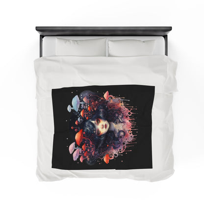 Dark Fae Mushrooms Watercolor Art Velveteen Plush Blanket - Enchanting Fantasy Home Decor