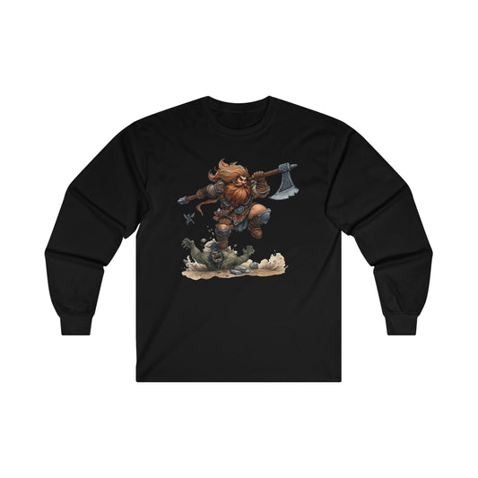 DND Artwork: Dynamic Dwarf Jumping an Imposing Orc - Epic Fantasy Battle Scene, Ultra Cotton Long Sleeve Tee