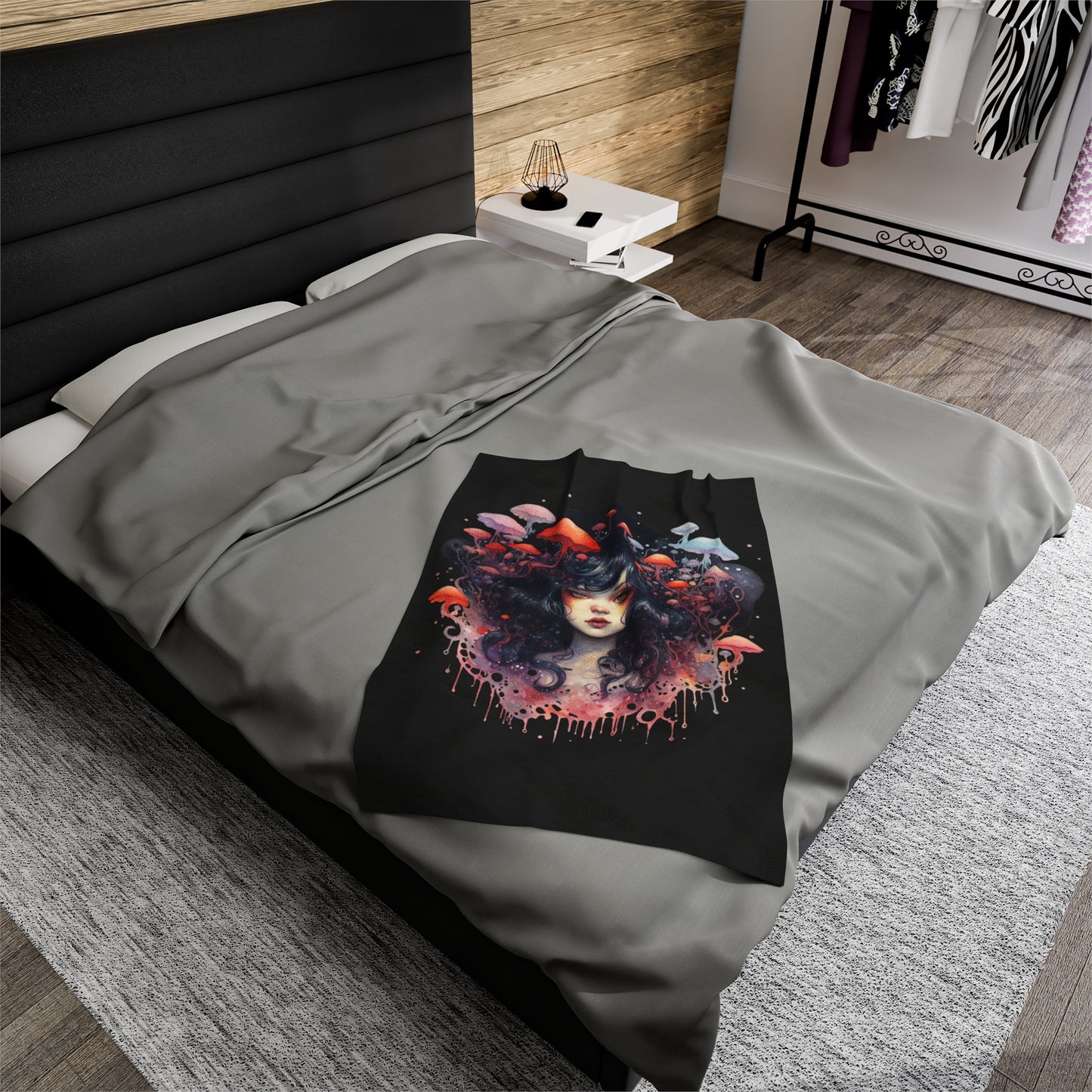 Dark Fae Mushrooms Watercolor Art Velveteen Plush Blanket - Enchanting Fantasy Home Decor