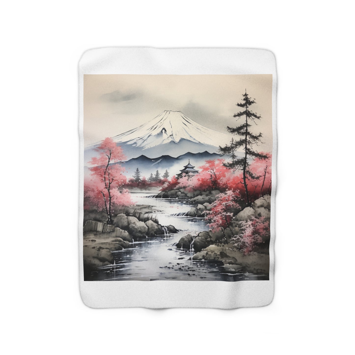 Sumi-e Mount Fuji Sherpa Fleece Blanket - Cozy Japanese Art Decor - Majestic Mountain Design