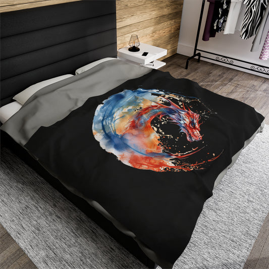 Dragon Watercolor Velveteen Plush Blanket - Captivating Fantasy Art Bedding, Magical Art, Dragon Lover, Enchanting Design, Mystical Beauty,